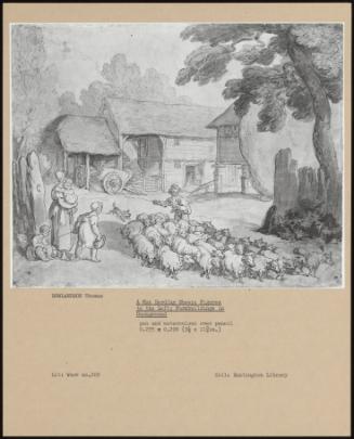 A Man Herding Sheep; Figures To The Left; Farm Buildings In Background