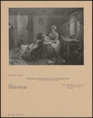 A Mother, Her Baby And Two Dogs In A Cottage Interior