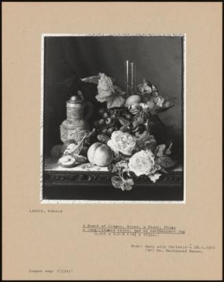 A Bunch Of Grapes, Roses, A Peach, Plus A Long-Stemmed Glass, And A Earthenware Jug