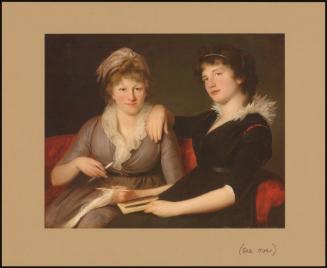 Two Women, One In A Brown Dress, Crocheting, The Other In A Black Dress, Holding A Book