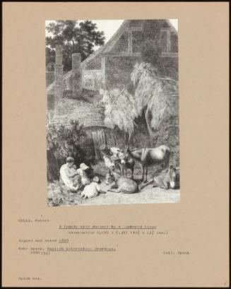 A Family With Donkeys By A Timbered House