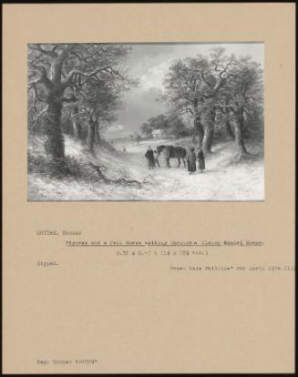 Figures And A Pack Horse Walking Through A Winter Wooded Scene.