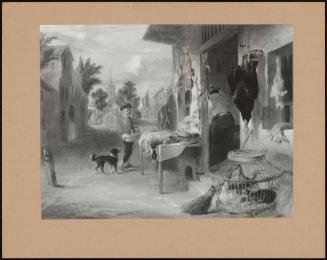 Street Scene, A Young Boy With A Dog Outside A Poulterer's Shop