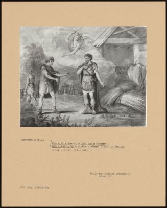 Man With Laurel Wreath And A Younger Man Standing By A Stable - Winged Figure In The Sky