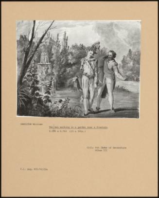 Two Men Walking In A Garden Near A Fountain