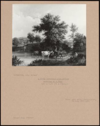 A Woody Landscape With Cattle Watering At A Pond