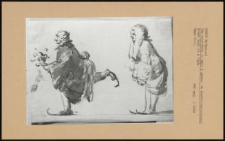 Two Courtiers In Wigs & Gowns, On Skates (Caricature)