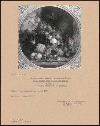 A Pineapple, Grapes, Apples and Plums, on a Silver with a Cup and Pot on a Ledge