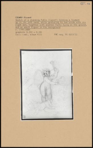 Sketch Of A Standing Putto (Cupid) Holding A Trumpet Up In Its Left Hand, While Gesturing To Two Birds With Its Right Arm, Together With Another Putto Lying On The Ground, And An Adult Figure In The Background