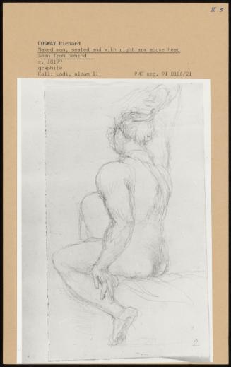 Naked Man, Seated And With Right Arm Above Head Seen From Behind