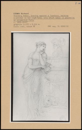 Standing Woman, Leaning Against A Fountain, Holding A Pitcher In Her Right Hand, Into Which Water Is Poured By An Ornamental Putto