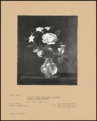 Narcissi, Roses, Morning Glory And Other Flowers In Vase On Table
