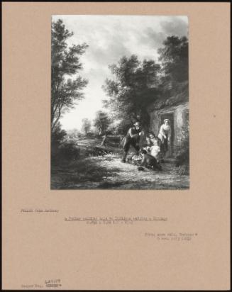 A Pedlar Selling Toys To Children Outside A Cottage