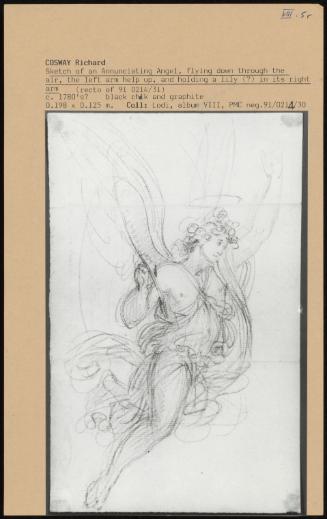 Sketch Of An Annunciating Angelm Flying Down Through The Air, The Left Arm Help Up And Holding A Lily In Its Right Arm