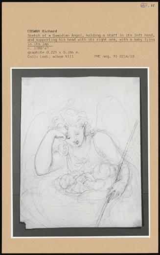 Sketch Of A Guardian Angel, Holding A Staff In Its Left Hand, And Supporting His Head With Its Right Arm, With A Baby Lying In Its Lap