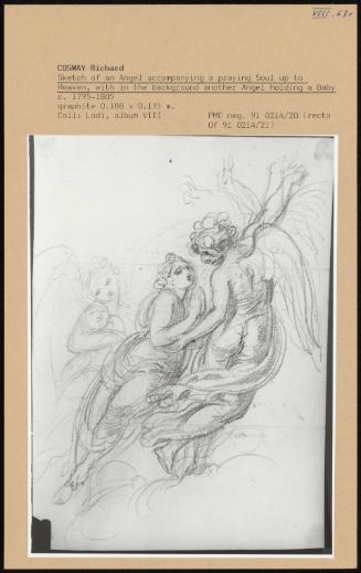Sketch Of An Angel Accompanying A Praying Soul Up To Heaven, With In The Background Another Angel Holding A Baby