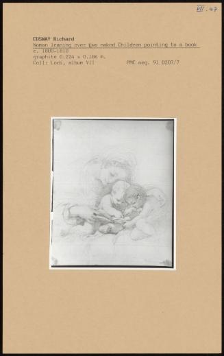 Woman Leaning Over Two Naked Children Pointing To A Book