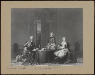 A Conversation Piece Of A Mother & Father Seated At Table In Interior With Their Daughter & Two Younger Children. On Table A Culpepper Microscope