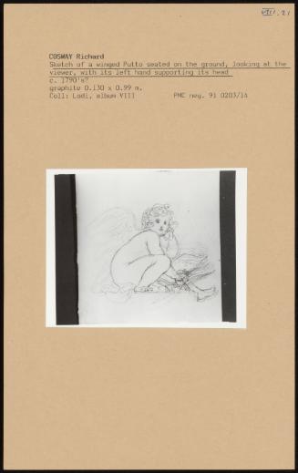 Sketch Of A Winged Putto Seated On The Ground, Looking At The Viewer, With Its Left Hand Supporting Its Head