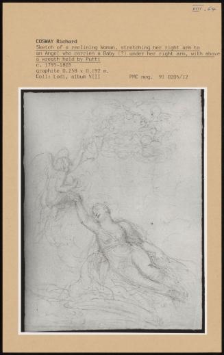 Sketch Of A Reclining Woman, Stretching Her Right Arm To An Angel Who Carries A Baby Under Her Right Arm, With Above A Wreath Held By Putti