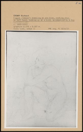 Figure (Female ) Kneeling On One Knee, Resting Chin On Left Hand, Looking Up At A Bird, Accompanied By A Dog