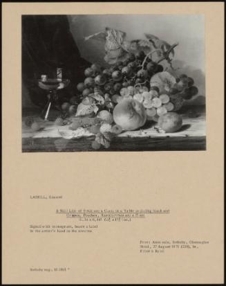 A Still Life Of Fruit And A Glass On A Table Including Black And Grapes, Peaches, Raspberries And A Plum