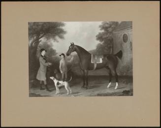 Saddled Chestnut with Groom, Huntsman and Hounds Outside a Stable