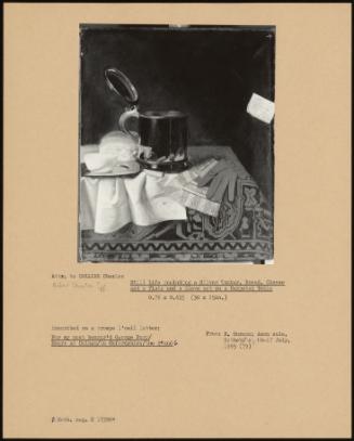 Still Life Including A Silver Tankard, Bread, Cheese And A Plate And A Glove Set On A Carpeted Table