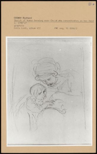 Sketch Of Woman Bending Over Child Who Concentrates On Her Hand