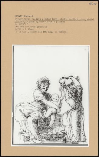 Seated Woman Holding A Naked Baby, Whilst Another Young Child, Clothed, Is Pouring Water From A Pitcher