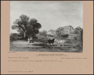 Two Horses In A Field With A Barn