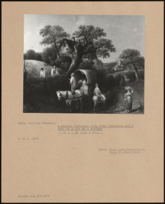 A Wooded Landscape With Farm Labourers And A Cart On A Pth By Cottage