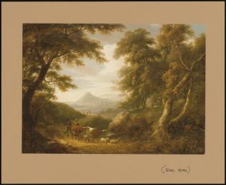 A Wooded Landscape With Figures And Livestock On A Path And Ruins Beyond