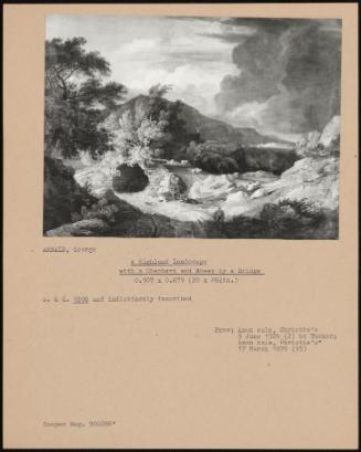 A Hignland Landscape With A Shepherd And Sheep By A Bridge