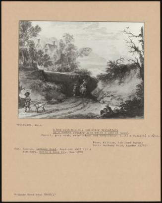 A Boy With His Dog And Other Travellers In A Sunken Country Lane Below A Gabled House.