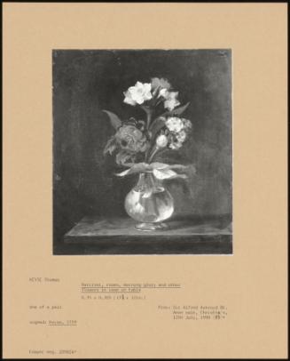 Narcissi, Roses, Morning Glory And Other Flowers In Vase On Table