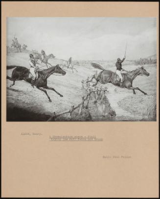 A Steeplechase Scene - Field Taking Low Rail Fence And Brook