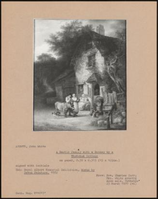 A Rustic Family With A Donkey By A Thatched Cottage