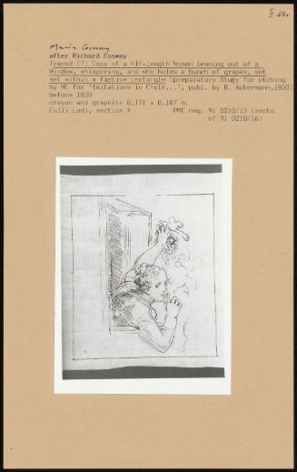 Traced Copy Of A Hlf-Length Woman Leaning Out Of A Window, Whispering, And Who Holds A Bunch Of Grapes, Set Set Within A Fictive Rectangle