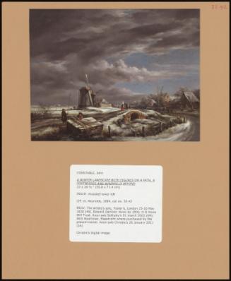 A Winter Landscape With Figures On A Path, A Footbridge And Windmills Beyond