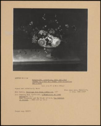 Honeysuckle, Carnations, Roses And Other Flowers In A Vase On A Ledge With Butterflies And A Snail