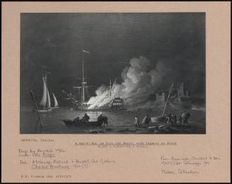 A Man-O'-War On Fire Off Shore, With Figures On Beach
