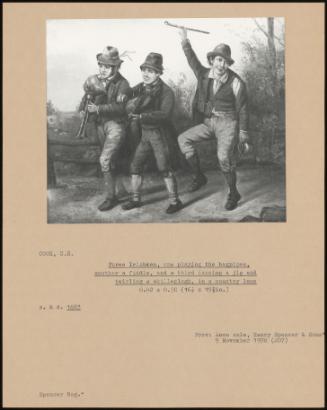 Three Irishmen, One Playing The Bagpipes, Another A Fiddle, And A Third Dancing A Jig And Twirling A Shillelagh, In A Country Lane