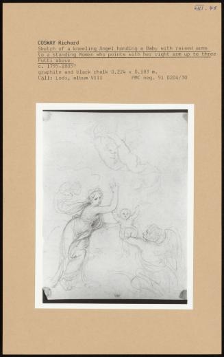 Sketch Of A Kneeling Angel Handing A Baby With Raised Arms To A Standing Woman Who Points With Her Right Arm Up To Three Putti Above