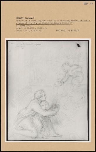 Sketch Of A Kneeling Man Holding A Standing Child, Before A Vision Of The Chirst Holding A Cross