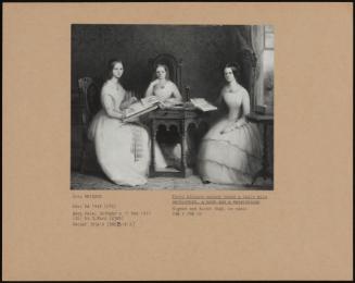 Three Sisters Seated Round A Table With Needlework, A Book And A Watercolour