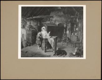 A Cottage Interior, With A Woman And A Child By A Table, A Cat And A Dog