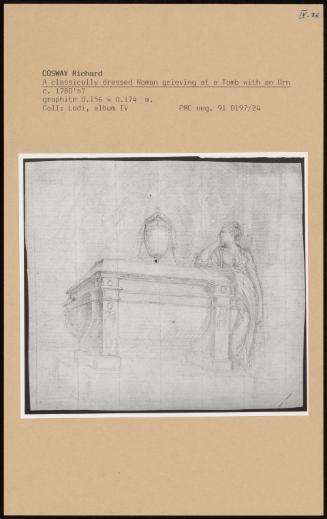 A Classically Dressed Woman Grieving At A Tomb With An Urn