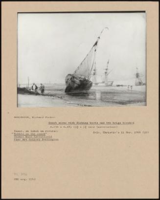 Beach Scene With Fishing Boats And Two Brigs Beached