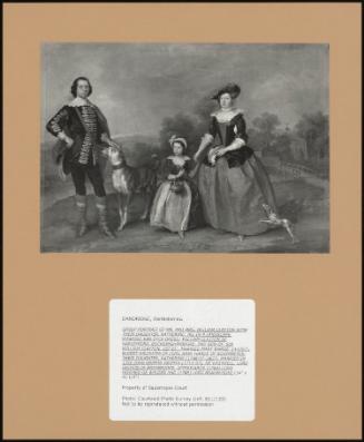 GROUP PORTRAIT OF MR. AND MRS. WILLIAM CLAYTON WITH THEIR DAUGHTER, KATHERINE; ALL IN A LANDSCAPE, WEARING VAN DYCK DRESS; WILLIAM CLAYTON OF HARLEYFORD, BUCKINGHAMSHIRE, 2ND SON OF SIR WILLIAM CLAYTON, 1ST BT., MARRIED MARY WARDE (+ 1767), ELDEST DAUGHTER OF (SIR) JOHN WARDE OF SQUERREYES; THEIR DAUGHTER, KATHERINE (1748/9?-1807), MARRIED IN 1765 JOHN GRIFFIN GRIFFIN (1719-97), NE WHITWELL, LORD HOWARD DE WALDEN AND (1788) LORD BRAYBROOKE